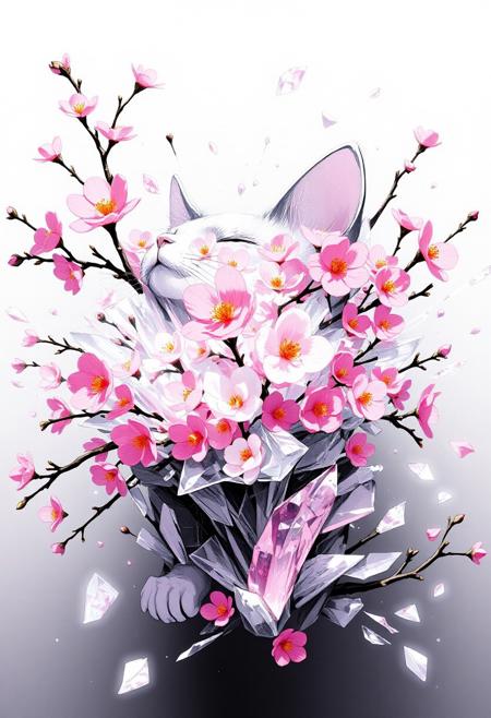 bmstyle anime "A cat made of translucent, crystallized material shatters outward, with shards transforming into a burst of vibrant Sakura flowers. The flowers are varied in color and species, blooming mid-air as if born from the explosion. Soft light refracts through the crystal fragments, creating a surreal, dreamlike atmosphere." <lora:FLUX-daubrez-DB4RZ-v2:0.35> DB4RZ, DB4RZ style painting <lora:illustration004:0.8> illustration004 chaotic expressive line-art scribbled and erratic strokes monochromatic black ink <lora:Scribble Portrait Drawing:0.35> Drawing <lora:aidmaMJ6.1_v0.5_3:0.35> aidmamj6.1, aidmamj6, mystcorbCE_style