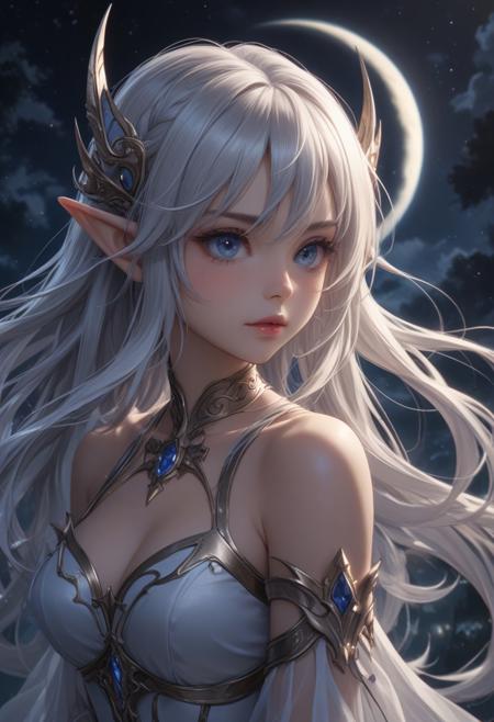 score_9, score_8_up, score_7_up, score_6_up, dynamic, (anime, masterpiece), best quality, (8k), detailed background, sharp focus, intricate, ambient lighting, super high quality, hyper detailed background, cinematic lighting, adult, double tone long hair, medium breasts, verybadimagenegative_v1.3, Moonlit Archer Elf, Starlight Piercing, Silken Shadows, Lunar Whisper