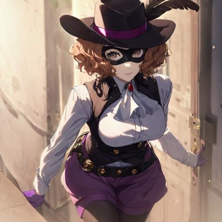 okumura haru gloves, hat feather, purple gloves, hat, domino mask, belt, ascot, underbust, vest, legwear under shorts