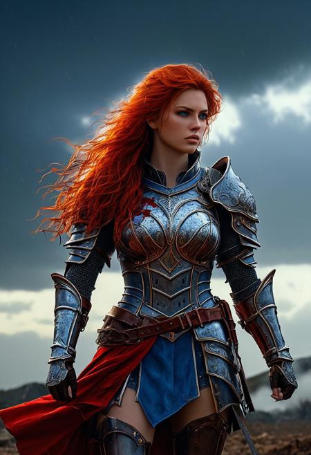 High resolution ultra-realistic of Beautiful Warrior girl, Fantasy style, 8k, dramatic lighting, standing on a bloody and stormy battlefield in a (fighting pose:1.1), fire, intricately designed shining iron armor, red skirt, perfect athletic figure fire, dirty face, ultra realistic, cinematic style, athletic figure, dark fantasy, covered in dirty and blood, cinematic colors Lighting, wavy red hair, realistic dirty bloody pale face, realistic blue eyes, beautiful Warrior girl on in cool iron armor, hyper-detailed, hyper-realistic, bright colours, Attractive 21 old years girl, Attractive, beautiful firm Breasts, sharp focus, digital painting, Photograph Taken on Nikon D750, Alphonse Mucha, 8K, athletic figure, Hyperdetailed, hyperrealism, Attractive, Attractive bust girl, asymmetric balance