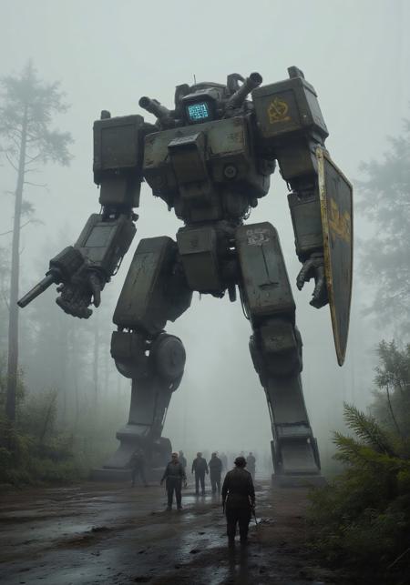 Brutalist Steampunk, gothic fantasy, moody lighting, rusted metal tones, ash and ember palette. Grimmdark, darktale, machanical, scattered golden runes and cybernectic line decorate.
(Digital illustration, cinematic side-shot, ultra-realistic, foggy post-apocalyptic landscape)
Side view, dutch angle, the Vanguard-class Titan, stands solemn and towering in a fog-drenched battlefield, massive autocannon and shield radiate divine menace, massive weapon systems integrated with cybernetic rune circuits. Its armor is scratched and battle-worn, painted with military green tones and the white “Knight Titan”, "T-4863" marking across its chassis. (Heavy industrial frame, glowing blue optic, hydraulic limbs, grounded military design). A group of human soldiers, dwarfed by its scale, advances cautiously in front, weapons ready.
(Foreground: muddy, rain jungle with shrub, ferns; Background: giant rain Jungles tree, ferns, still water reflecting gray skies). A soldiers stands watchfully near the edge of the frame, heightening the sense of unease.
(Muted palette, thick fog, somber tension, grounded sci-fi realism, narrative composition, high cinematic atmosphere)
