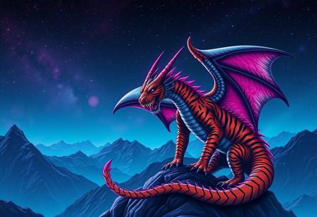 A tiger-striped dragon with sharp scales.  Two hons.  Dragon Wings.
Background mountains at night. Cosmic skyscape.  Synthwave colorscheme.