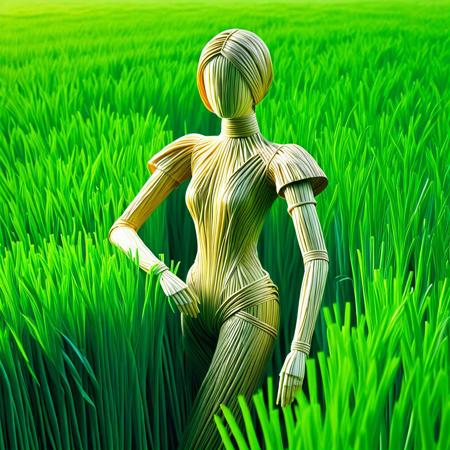 A surreal scene: a life-sized female figure, seemingly sculpted entirely from tightly bound golden straw, stands within a vast, vibrant green rice paddy. Her form is feminine, but the texture reveals the individual stalks and weave of her straw composition. Her clothing appears to be an extension of her being, also crafted from straw, flowing and draping in a way that suggests movement despite her stillness. The background is a seemingly endless expanse of lush green rice plants under a soft, diffused light, perhaps at dawn or dusk. The air feels still and carries a hint of the earthy scent of the rice field. The overall feeling is dreamlike and slightly uncanny, the straw figure a silent, organic part of the landscape.
High resolution, perfect quality, 4k,