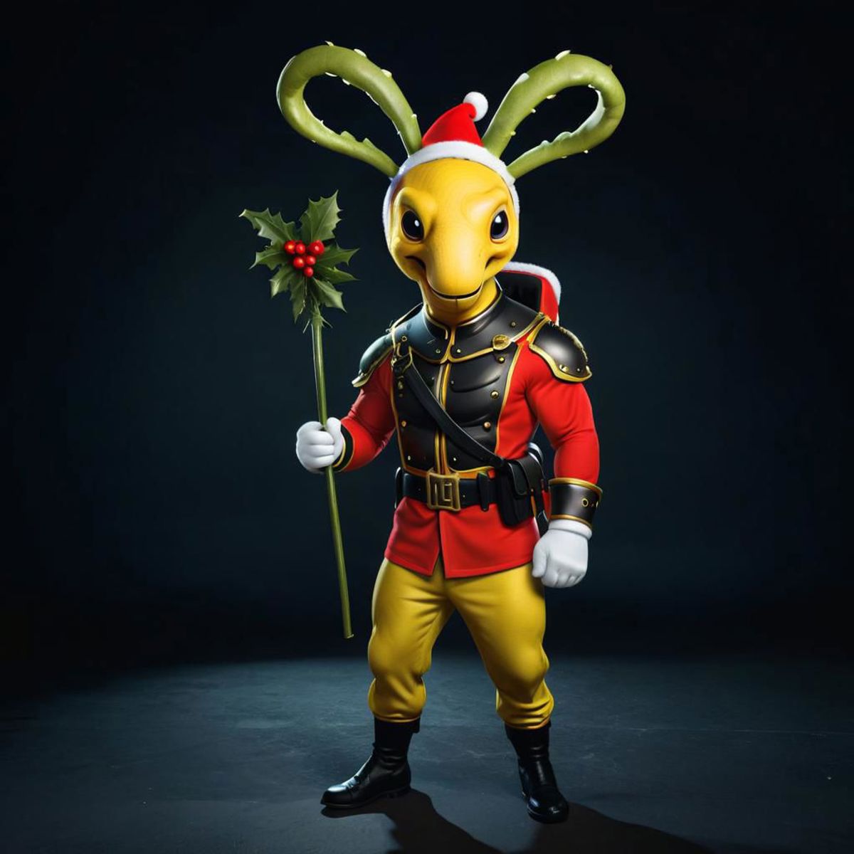 A yellow character with a Santa hat and a green gun is holding a green sprig.