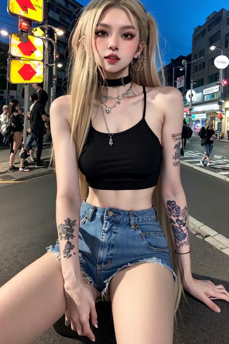 (best quality, masterpiece:1.2), photorealistic, fashion photography, ultra high res, ambient lighting, sidelighting, Exquisite details and textures, 1girl, knee shot, blonde hair, look at viewer, detailed face, canine teeth, smokey-eye, street wear, street fashion, tattoo on arm, graffiti, railway, traffic lights, neon lights, road sign, detailed background, depth of field, direct sunlight, professional lighting, physically-based rendering, <lora:ChicVibe:0.8>