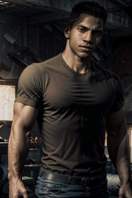 (masterpiece, best quality)
1boy, LincolnM, male focus, dark skin, solo, shirt, t-shirt, realistic, black hair, dark-skinned male, indoors, short sleeves
<lora:epi_noiseoffset2:1>,  <lora:add_detail:0.5>,   <lora:LincolnM:0.8>