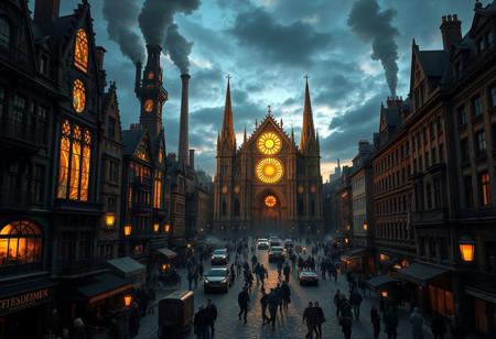 A bustling European city inspired by Victorian-era industrial architecture. Intricate ironwork, soot-covered stone facades, and towering chimneys spew smoke over the busy cobblestone streets filled with mechanized carriages and bustling crowds. At the city's heart stands a grand fantasy cathedral dedicated to the God of the Eternal Blazing Sun. Its radiant golden spires rise toward the sky, while stained glass windows depict celestial scenes, casting divine light across the square.
The cathedral’s gothic arches and sun symbols glow with an ethereal energy. The central sun disk hovers, radiating warm light, a stark contrast to the surrounding dark, soot-covered buildings. The city’s gas lamps flicker against the rough stone, while the cathedral glows with divine radiance. The mix of industrial grit and divine beauty creates a striking atmosphere as the city comes alive beneath the dramatic evening sky.
As dusk falls, the celestial aura intensifies, casting long shadows, while distant bells chime, summoning worshippers toward the golden-lit pathways of the cathedral. Ultra-realistic, 32k, Masterpiece, High Quality, with High Detailed Skin and Realistic Lighting, capturing the beautiful, intricate background in stunning detail. Official art, emphasizing epic, detailed realism.
(Ultra Realistic:1.0), 32k, (Masterpiece:1.0), (High Detailed Skin:1.0), (High Quality:1.0), (Detailed Realistic Background:1.3), (Official Art, Beautiful:1.2), (Realistic Lighting:1.0).