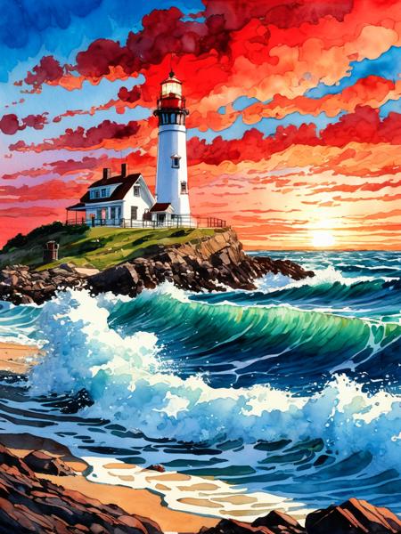 <lora:09WatercolorPainting_Hap_XL:1.6>,Winslow Homer style, watercolor painting, watercolor, oil painting,watercolor oil painting, Vibrant and dynamic illustrations and vectors, a picturesque 1lighthouse standing tall on a small island, detailed waves crashing on the shore, Red tones Zentangle sky, vibrant colors, dynamic composition, digital painting, Studio Ghibli-inspired, cozy lighting, whimsical atmosphere, by Junji Ito and Hayao Miyazaki, artstation trending, 4k resolution. Masterpiece.