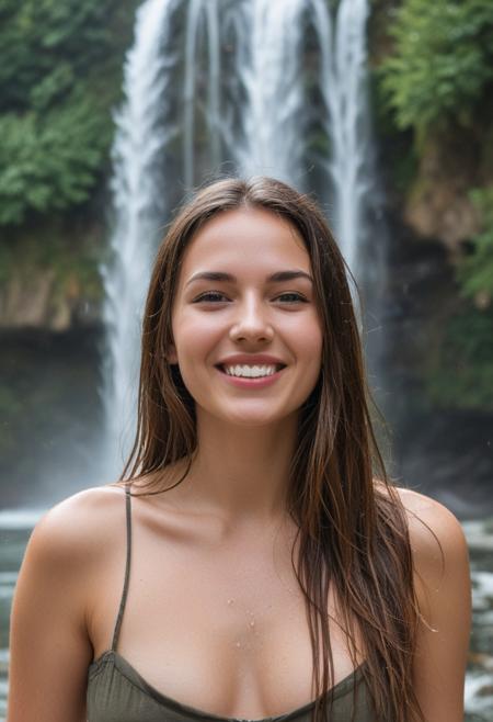 smiling sexy 20yo girl standing under a waterfall
outdoors