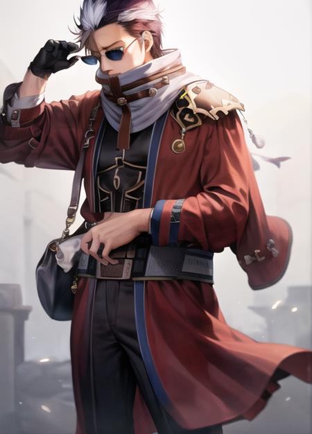 <lora:auron:0.7> AuronFFX, solo, gloves, 1boy, holding, standing, closed eyes, male focus, multicolored hair, copyright name, sunglasses, single glove, eyewear removed, holding eyewear