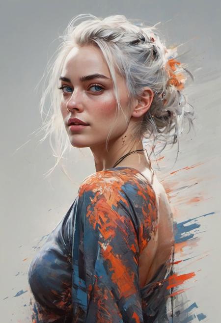 Margot Robbie, abstract beauty with white hair and blue grey eyes, looking at the camera, approaching perfection, dynamic, back view, red black and orange colors, busty, highly detailed, digital painting, artstation, concept art, sharp focus, illustration, art by Carne Griffiths and Wadim Kashin