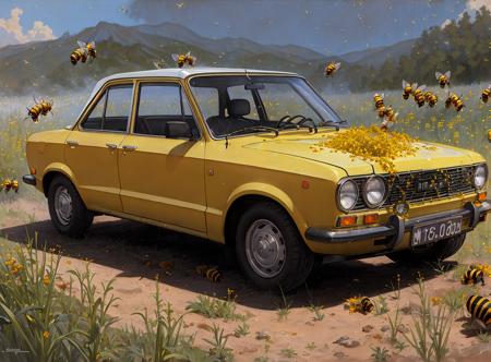 realistic photo of a lada, on (in the hell:1.2), (bees:1.2),  by Jeremy Lipking, by William Bouguereau, (by Alphonse Mucha:0.5),  sabudenego, jeremy lipking, masterpiece