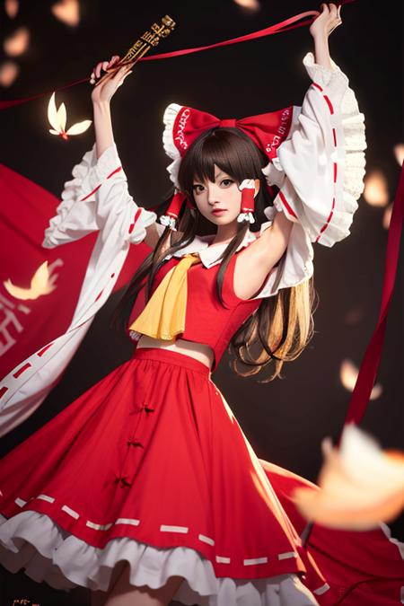 best quality, masterpiece, real,realistic, photo,photorealistic,looking at viewer, 
1girl, beautifly face,hakurei reimu \(cosplay\), miko,
dynamic pose,floating,mid air,depression,dim light,rim light,moody lighting,expressionless,arms up,from below,red flower,print,pattern,
color magic circle in background,
<lora:hakurei reimu cosplay_728_V3_07:0.6>