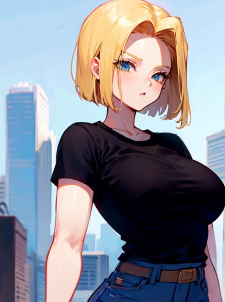 <lora:Android18:0.8>, android 18,  blue eyes, blonde hair, short hair, denim jacket, black shirt, large breasts