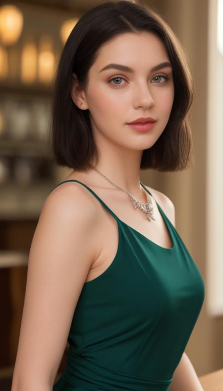 one pretty caucasian woman, slim figure, solo, black hair, green eyes, parted lips, ruby necklace, elegant dress, looking at viewer, cafe, standing straight, close up shot, film grain, photorealistic