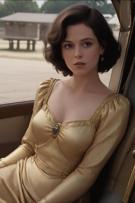 closeup of sgwver wearing a [golden] vintage dress, prewar america outdoors, smug expression, short hairdo, realistic,<lora:SgWver_v3_locon_64_64:1>