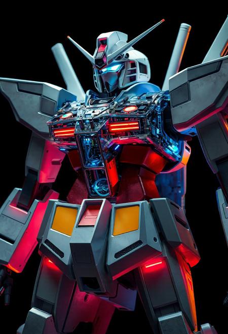 hyperrealistic, gundam, A gundam robot with a cut-away view showing cockpit, pistons and led's and circuit boards and motors