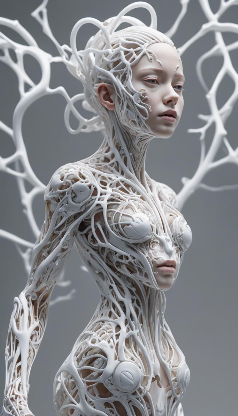 A woman with a white skeletal body and multiple faces on her torso.