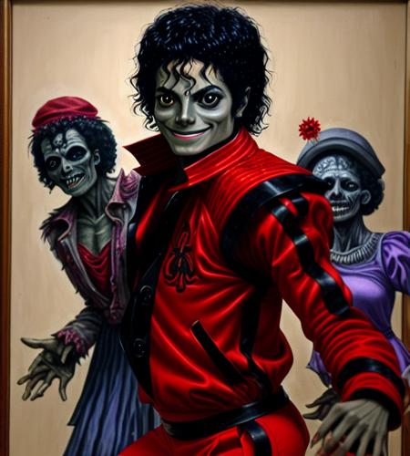 mjthriller portrait of smiling michael jackson dancing with zombies in a dark alley, intricate detail, detailed face, very sharp, high quality, (medieval danse macabre painting:1.1)  <lora:hjmjthriller_v10-000003:0.7>