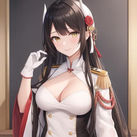 (masterpiece, best quality:1.2),absurdres,highres,1girl,solo,upper body,(portrait:1.2),hiei (azur lane),dress,black hair,long hair,hair ornament,horns,white gloves,large breasts,looking at viewer,smile,hair flower,yellow eyes,bangs,long sleeves,pleated skirt,white footwear,white skirt,tassel,wide sleeves,cleavage cutout,aiguillette,military uniform,sidelocks,high heel boots,<lora:Hiei(azur)>,