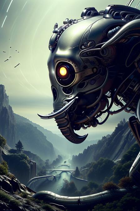 cinematic film still silverpulse, cyborg elephant, simple background, high quality, artistic, vibrant colors, detailed textures. futuristic sleek/glossy silver and blue glow, vibrant colors, detailed textures., Concept art, cyborg, background, vintage, modern, SilverPulse, <lora:SilverPulseMorphXL:0.8>, excellent composition, artistic, highly detail, holy, sunny, dynamic dramatic beautiful full taking . shallow depth of field, vignette, highly detailed, high budget, bokeh, cinemascope, moody, epic, gorgeous, film grain, grainy, front view,