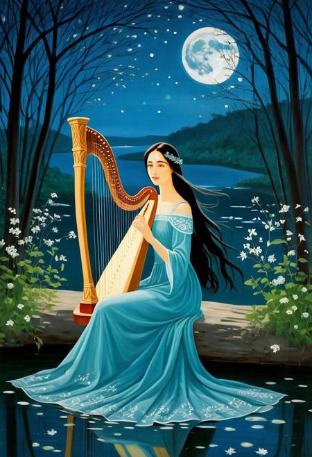 beautiful elf girl playing irish harp, long black straight hair, simple folk style long dress, charming half-smile, deep dark big eyes, The night is bright and the moon is shining quietly over the river where the blue wave shines with silver Dark forest where in the silence of the emerald branches the nightingale does not sing her sonorous songs Blue flowers bloom under the moon, fine art, romantic art, masterpiece, ethereal light, by Alex Katz