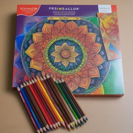 “Prismacolor Scholar” colored pencils (Box of 24), with an open mandala book which has started to be colored, pencils next to the book