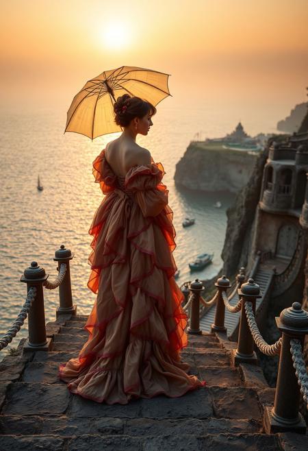 Profile Shot (Side View) , A woman dressed in a richly layered Victorian gown walks slowly along a stepped path carved into a cliffside, high above a glowing coastal bay. The sun is low, casting golden light across the rippling sea and igniting the delicate silk of her dress in warm tones. Below, fishing boats drift lazily through the surf, their sails catching the light like lanterns. Her parasol is open, catching a slight breeze as she gazes out toward the horizon. The cliffside path is lined with stone lanterns and wind-worn railings, leading the eye toward a distant temple barely visible in the haze. The colors are soft and ethereal, the perspective wide yet intimate. The entire scene is bathed in the peaceful cadence of early evening, evoking beauty, reflection, and the quiet poetry of solitary travel.