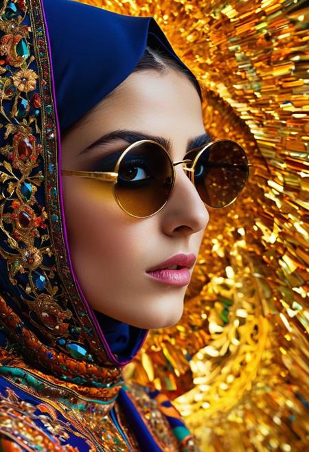 Persian color palette , Persian art, Persian girl, Persian, Iranian, Iran,nun, WEARING DARK, SHINY GLASSES folk costumes (Lina Cavalieri: 1,2) (8k, RAW photo, highest quality), hyperrealistic, intricate abstract, intricate artwork, abstract style, otherworldly, mesmerizing parallel dimension, gravity defies logic, abstract masterpiece, interplay of floating objects, distorted silhouettes, vivid hues, ethereal light, weightlessness in an unknown realm, non-representational, colors and shapes, expression of feelings, imaginative, highly detailed, extremely high-resolution details, photographic, realism pushed to extreme, fine texture, 4k, ultra-detailed, high quality, high contrasthanfu,clear face, Ultra High Resolution, wallpaper, 8K,Rich texture details, hyper detailed, detailed eyes, detailed background, dramatic angle, epic composition, SimplepositiveXLv1 (masterpiece, high quality, ), , , model photoshoot, , a stylish girl, (by Andreas Gursky:1,3)