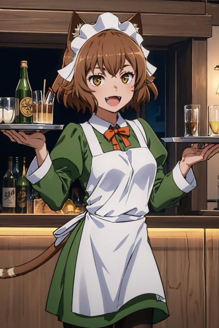 masterpiece, best quality, <lora:anyafromel-nvwls-v1-000009:0.9> anya fromel, maid headdress, cat ears, green dress, apron, cat tail, pantyhose, smile, :D, fangs, standing, tavern, bar, holding tray, upper body