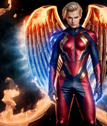 1male, face handsome, angel, photo of sixbionix person, costume armor, body male, red, blue, blonde long, wing golden in fire,  in building, rock, storm, realistic, 8k, HD, smoke