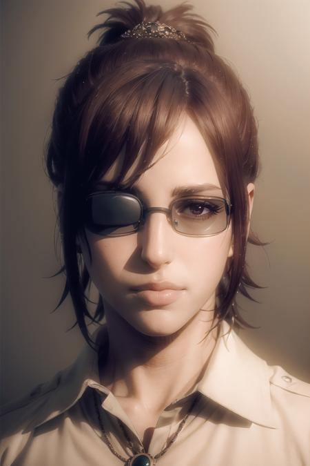 masterpiece, (photorealistic:1.4), best quality, beautiful lighting, HangeAOT, 1girl, solo, black_hair, glasses, eyepatch, brown_background, RAW photo, 8k uhd, film grain, <lora:HangeAOT:1>