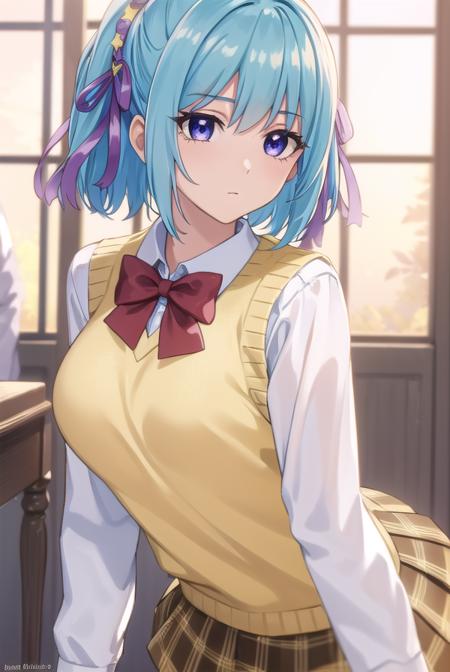 kurumukurono, <lora:kurumu kurono s2-lora-nochekaiser:1>,
kurumu kurono, short hair, blue hair, (purple eyes:1.1), ponytail, ribbon, hair ribbon, hair ornament,
BREAK shirt, white shirt, long sleeves, bow, red bow, sweater vest, yellow sweater vest, skirt, plaid skirt, green skirt, socks,
BREAK indoors, classroom,
BREAK looking at viewer, (cowboy shot:1.5),
BREAK <lyco:GoodHands-beta2:1>, (masterpiece:1.2), best quality, high resolution, unity 8k wallpaper, (illustration:0.8), (beautiful detailed eyes:1.6), extremely detailed face, perfect lighting, extremely detailed CG, (perfect hands, perfect anatomy),