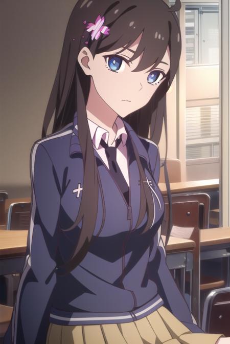 sunrong, <lora:sunrong-lora-nochekaiser:1>,
sun rong, long hair, black hair, hair ornament, ahoge, blue eyes, hair flower,
BREAK skirt, school uniform, jacket, pleated skirt, necktie, kneehighs,
BREAK looking at viewer,
BREAK indoors, classroom,
BREAK <lyco:GoodHands-beta2:1>, (masterpiece:1.2), best quality, high resolution, unity 8k wallpaper, (illustration:0.8), (beautiful detailed eyes:1.6), extremely detailed face, perfect lighting, extremely detailed CG, (perfect hands, perfect anatomy),