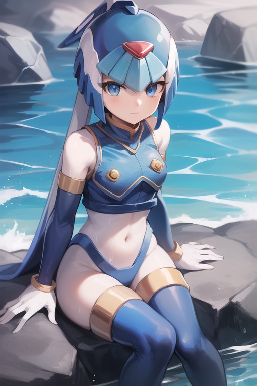 leviathan_megamanz, 1girl, solo, blue eyes, android, helmet, sitting in rock, thighhighs, water, high quality, masterpiece...
