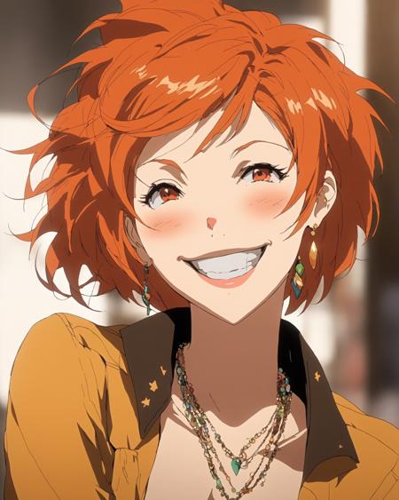 1girl, solo, smile, looking at viewer, jacket, jewelry, blurry background, upper body, orange hair, blurry, necklace, short hair, freckles, bangs, teeth, parted lips, brown eyes, red hair, long sleeves