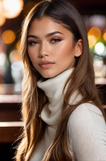 photo of extremely sexy Zen_daya , a woman as a sexy student, (closeup portrait), long middle parted straight hair, (white tight long sleeve turtleneck top), at a cantina sitting bar (masterpiece:1.5) (photorealistic:1.1) (bokeh) (best quality) (detailed skin texture pores hairs:1.1) (intricate) (8k) (HDR) (wallpaper) (cinematic lighting) (sharp focus), (eyeliner), (painted lips:1.2)  <lora:ZendayaXL:1> <lora:add-detail-xl:1>