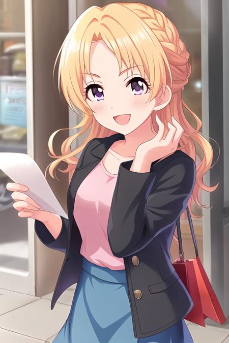 Kiryu Tsukasa, 1girl, ;d, bag, black jacket, blonde hair, blue skirt, blurry, blurry background, blush, braid, depth of field, hand up, jacket, long hair, looking at viewer, open clothes, open jacket, open mouth, paper bag, parted bangs, pink shirt, purple eyes, shirt, shopping bag, short sleeves, skirt, smile, solo
 <lora:deresute-v1.2:1>