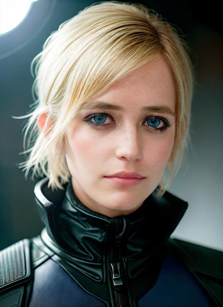 closeup portrait of skswoman, curious , wearing casual wear , with ash blonde Shag haircut , background space station epic (photo, studio lighting, hard light, sony a7, 50 mm, matte skin, pores, colors, hyperdetailed, hyperrealistic), <lyco:Eva Green:1.1>