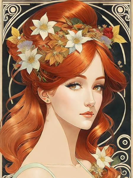 <lora:AlphonseMucha:1>a woman with long red hair and flowers in her hair is depicted in an art nouveau style by Alphonse Mucha