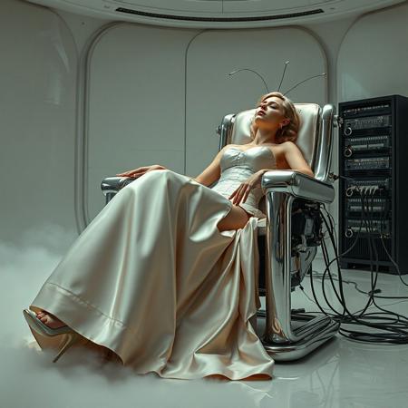 A slender, arrogant  rich norvegian bride, reclined in a polished steel restraint fetish chair, dressed in a luxurious, rich fantasy satin wedding gown with a fitted, boned corset accentuating her ultra-thin waist.and a full, flared skirt, paired with satin high heels, orgasm face. The massive electrodes holding her head pressed to the steel restraint chair headrest,  cabled to a  futuristic superconputer rack. Her hands and ankles are bound to the steel restraint chair   by massive steel restraints,   weird fog from the floor. The scene is set in a sterile, empty chamber, with a glossy mother-of-pearl finish, evoking a sense of futuristic dread. Inspired by the cinematic styles of Ridley Scott, Guillermo del Toro, and H.R. Giger, with a blend of sci-fi and horror elements, this full-body portrait is a masterpiece of cinematic storytelling, shot on a virtual v-raptor XL camera, with a warm, film-grained aesthetic, subtle vignette, and rich color grading, reminiscent of 35mm film, with dramatic, atmospheric lighting, inviting the viewer to immerse themselves in this epic, stunning scene.