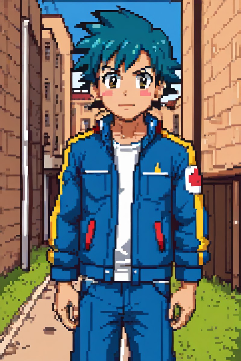 ash ketchum (pokemon), 1boy solo, blue jacket,  outdoors<lora:Pixel_Art_Pony:1>