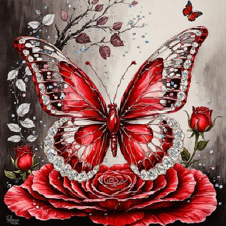 A mesmerizing depiction of a delicate butterfly made entirely of crystal, floating among the vibrant crimson petals of a stunning rose. The butterfly's wings are intricately detailed, with subtle patterns reflecting the beauty and majesty of the surrounding flora. Its delicate form exudes grace and elegance, its intricate design combining seamlessly with the rose's rich hue and texture. The air around this dreamlike scene feels serene and full of wonder. It is as if time stands still for just a few minutes in this surreal landscape. Ink illustration art