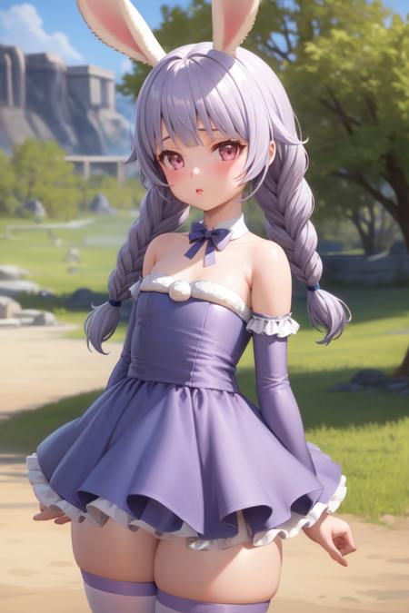 1girl, <lora:Elin_2D_and_3D_last-000018:1>, elin, purple hair, rabbit ears, twin braids, puffy dress, thighhighs,