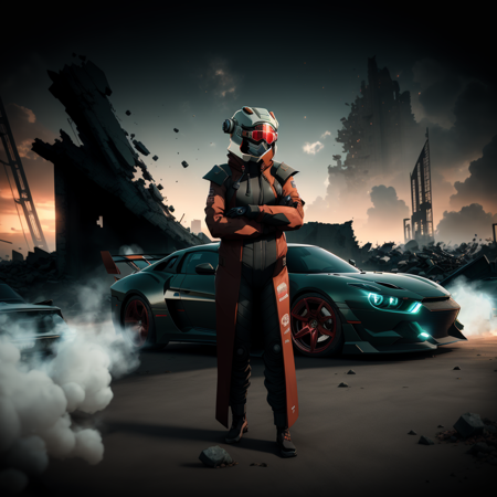 photo, Bacterium style, a microscope sitting on top of a bunch of different types of cells, (Woman:1) in red trendy clothing wearing mask and sunglasses, standing in front of a cool sports cars doing a burnout, ruins in background, Daytime Sky <lora:djzJohnsonDesuV15-Zenkai-256:1>