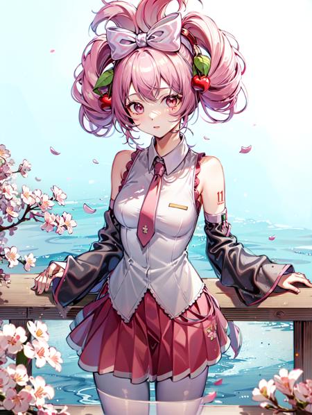 1girl, solo, <lora:Sakura_Miku-10:1>, pink hair, pink eyes, twintails, food-themed ornament, cherry_ornament, ((cherry_blossom print)), sleeveless, sleeveless shirt, detached sleeves, white shirt, pink necktie, petals, pink skirt, <lora:epiNoiseoffset_v2:1.25>, rim light, white_pantyhose, tattoo, bare_shoulders, Sakura Miku, <lora:Cinnamiku-07:0.85>, hair rings, hair bow, ((pink bow)),