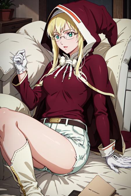 masterpiece, detailed, best quality, HD, UHD, best quality, highres, portrait,  Lying on the side, pretending to laugh at a joke, thin legs, very thin thighs,
sigyn_bb, green eyes, long hair, blonde hair, 1girl, solo, thighhighs, gloves, boots, glasses, belt, white gloves, hood, short shorts, capelet, thigh boots, white thigh boots, white half shorts,
<lora:sigyn_bb:0.9>