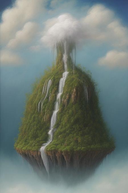Ghiblistyle fantasy oil painting of a lush alien world, there is a large island floating in the sky.  There is a majestic waterfall coming from the floating island