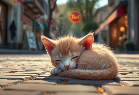 Pixar inspired poster, A perfect masterpiece art by pixar disney,  Digital painting of a cute young pinkish kitten curled sleeping on the ground, paved street, close up, basking in the morning sun, cute cozy atmosphere, shops can be seen in the background, magical fantasy city, life-like masterpiece realitic photo, hyper realistic, A photogenic soft scene, digital 4k art, bokeh, depth of field, detailed eyes, 4K, vivid, extremely detailed, perfect anatomy, maximalist, dynamic, absurdres, 8k photography, three point perspective, Ultra-realistic, Hyperrealism