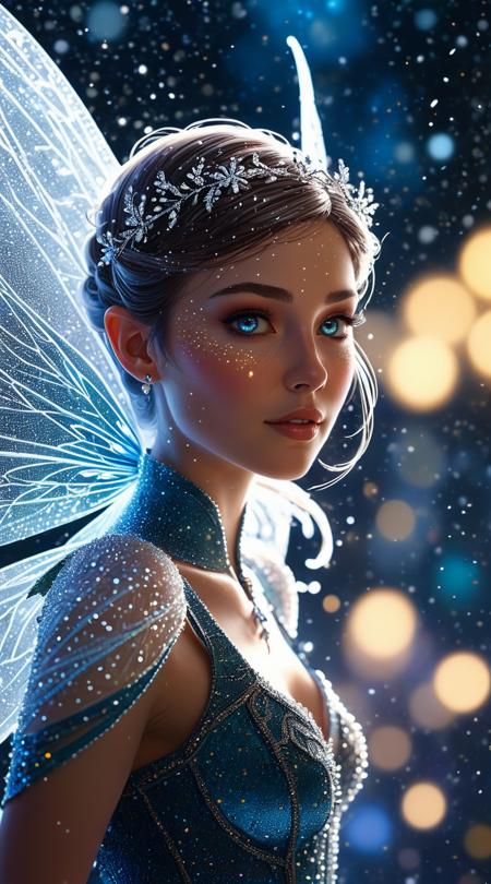 Whimsical fairy, piloting a starship, Backlight silhouette, blizzard with swirling snowstorms, polarized color shifts, straight-on frontal view, medium close-up with bokeh effect, pointillism dot technique, sparkling diamond facets, piercing laser beams, fragmented subjects scattering, HDR tonal range expansion.